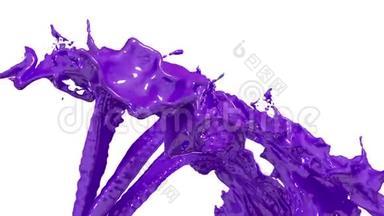 喷泉的紫色漆流在空气中飞起，溅起许多飞溅。 紫色液体作为汽车油漆或颜色的慢镜头
